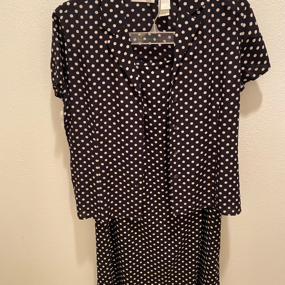 Liz Claiborne Navy and Pale Lilac Polka Dot Top and Matching Skirt.